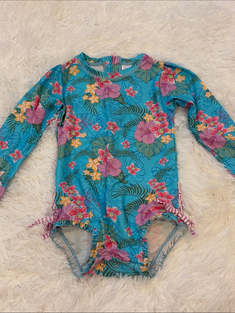 Ruffle Butts Turquoise Floral Long-Sleeve One-Piece Swimsuit